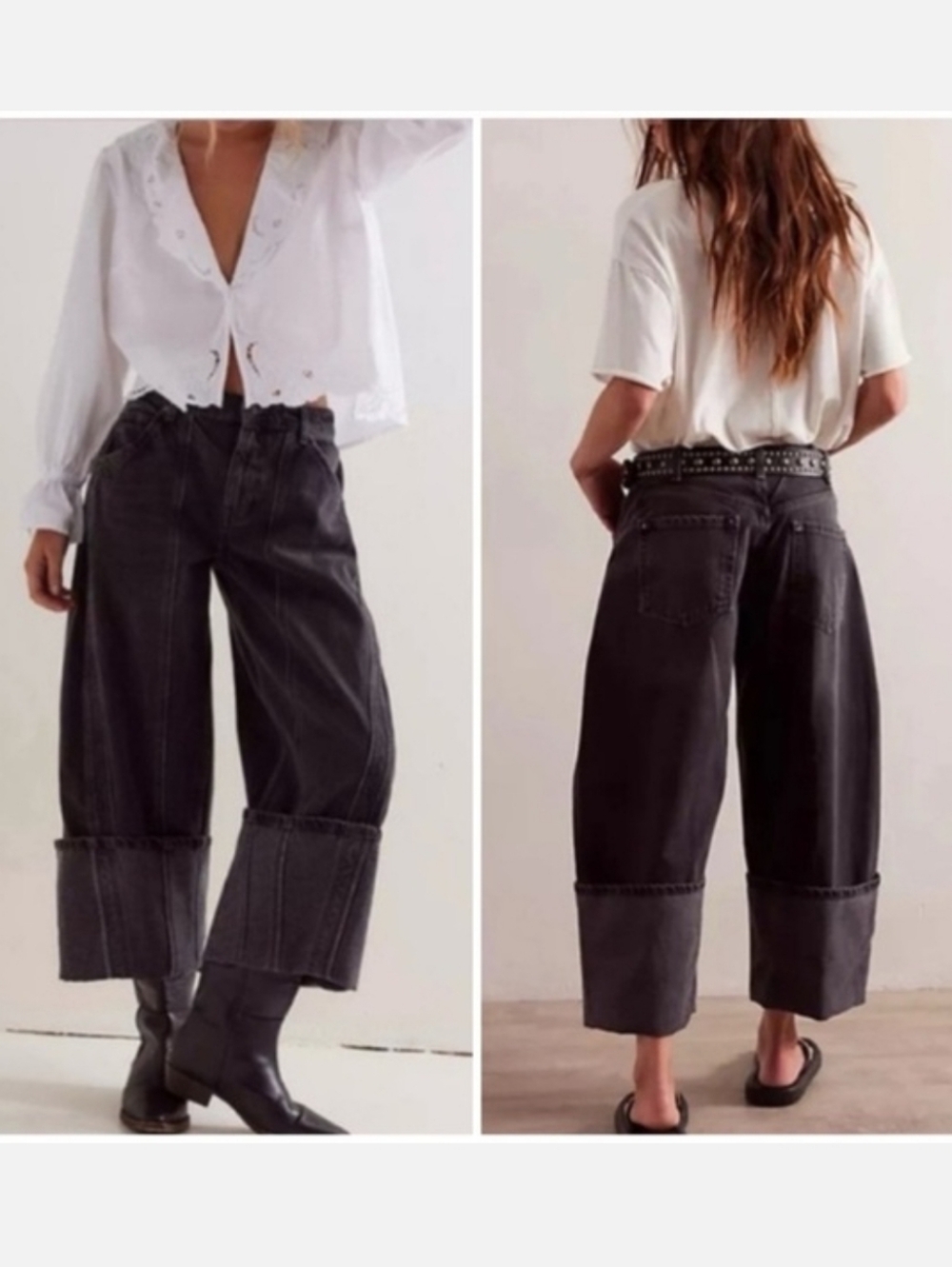 Free People Black Wide-Leg Cuffed Jeans